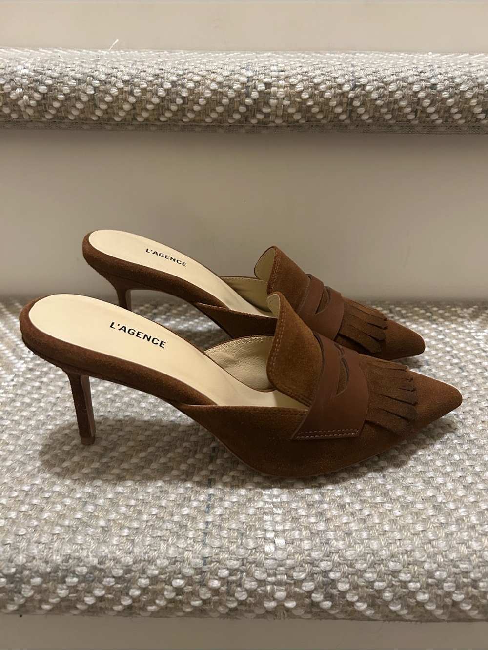 L'AGENCE Brown Suede Pointed Kiltie Mule Heels